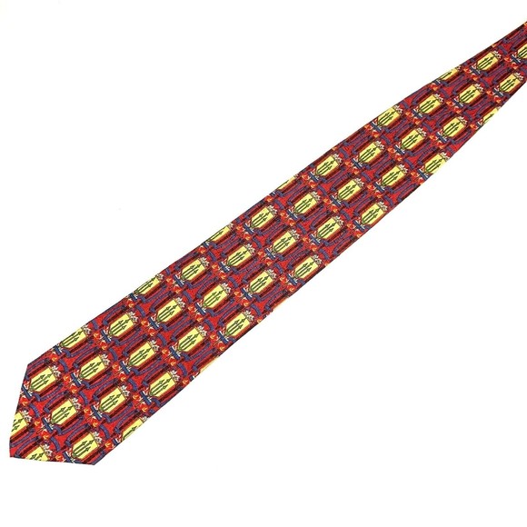 ERMENEGILDO ZEGNA Tie Red Mens 100% Silk Trident Spear Poseidon Theme Necktie - Picture 5 of 10